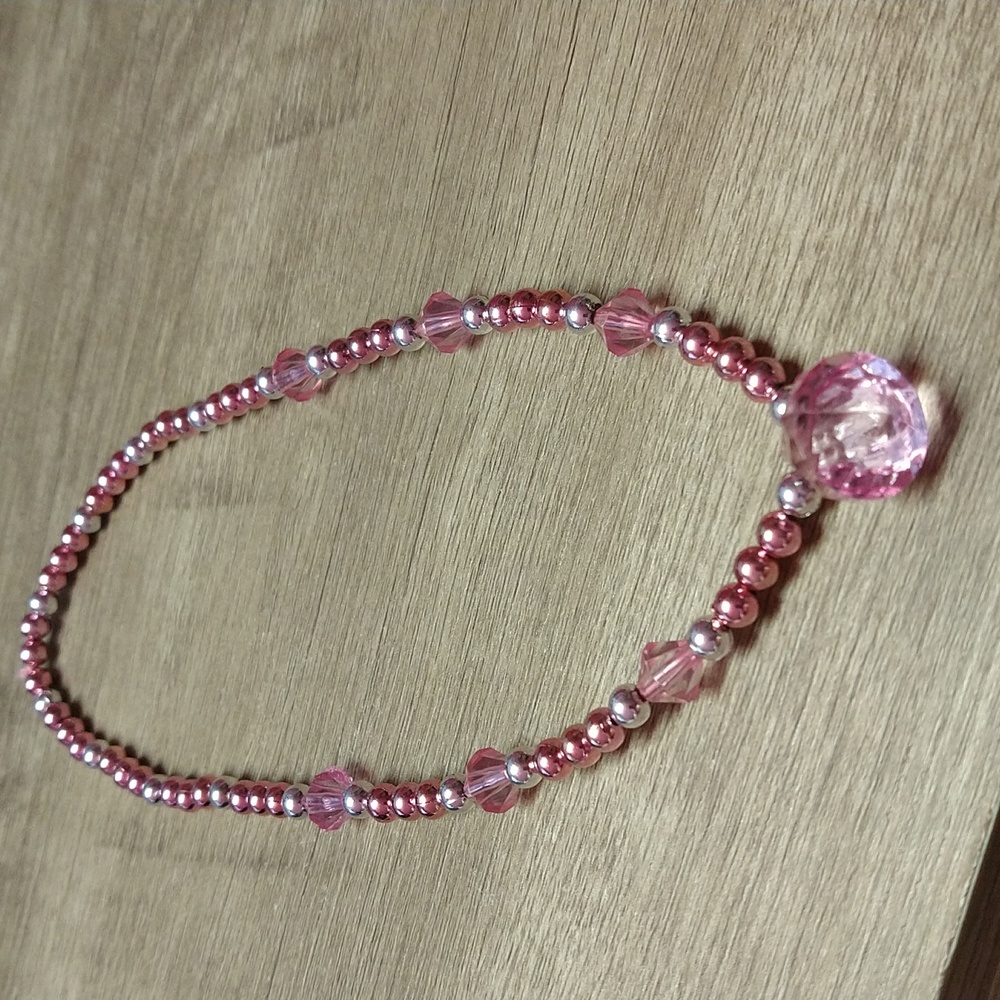 Pink, Clear, Silver Beaded Necklace
